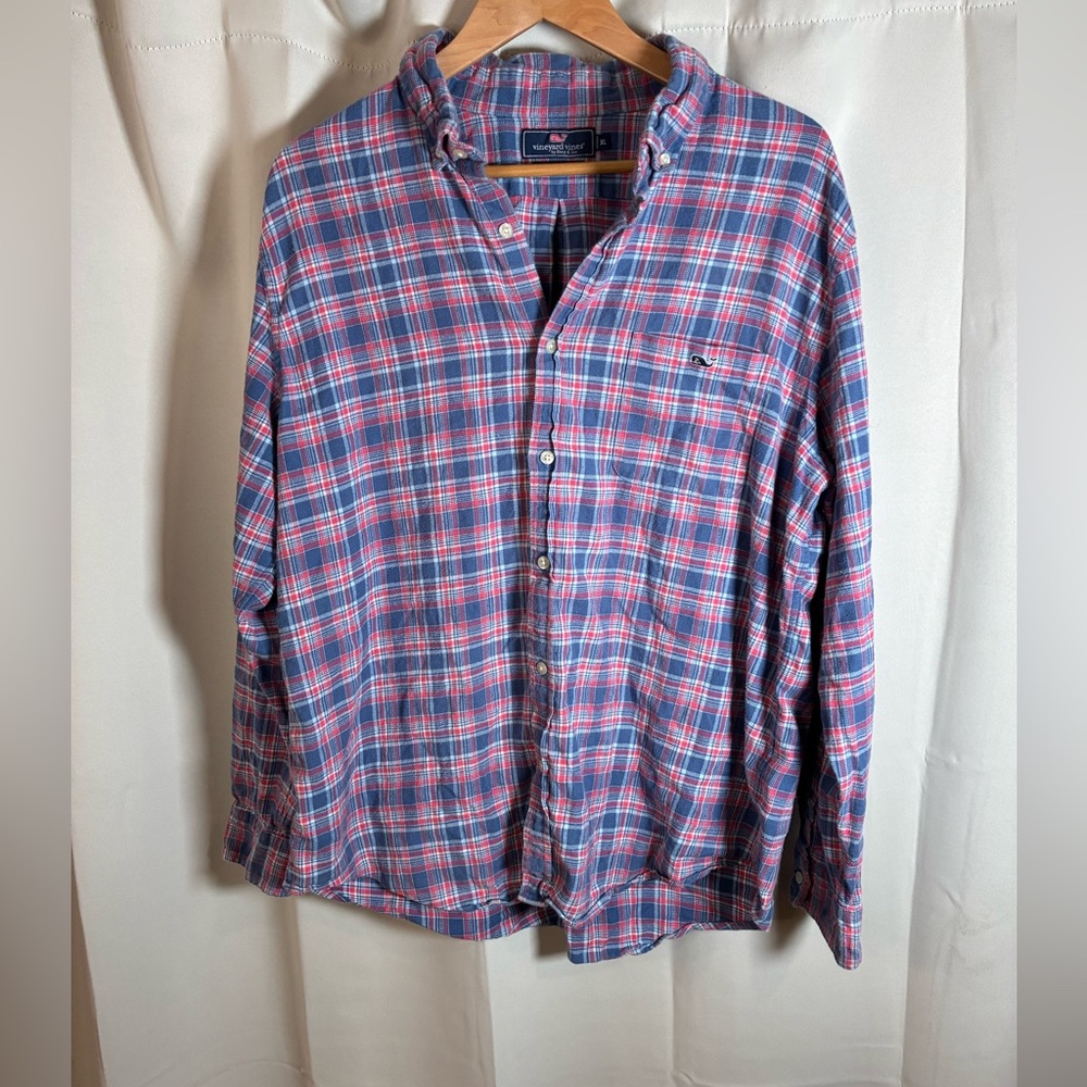 Vineyard Vines‎ XL Slim Fit Tucker Shirt Red Blue Plaid Flannel Stretch